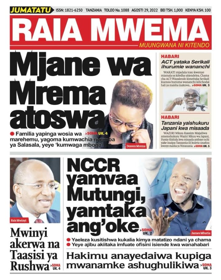 Habari kubwa za magazeti ya leo Jumatatu August 29, 2022-Big news of Tanzania Newspapers today August 29, 2022