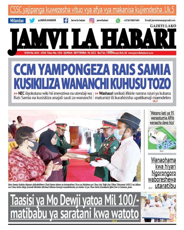 Magazeti ya leo 09.09.2022-Big news of Tanzania newspaper today 09.09.2022
