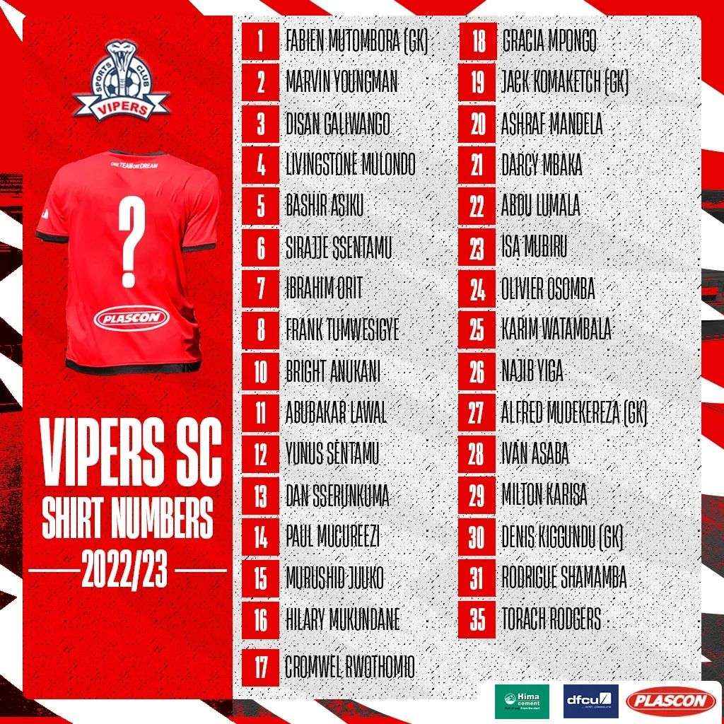 Vipers Squad for the 2022/2023 Season,Vipers Shirt Numbers 2022/2023